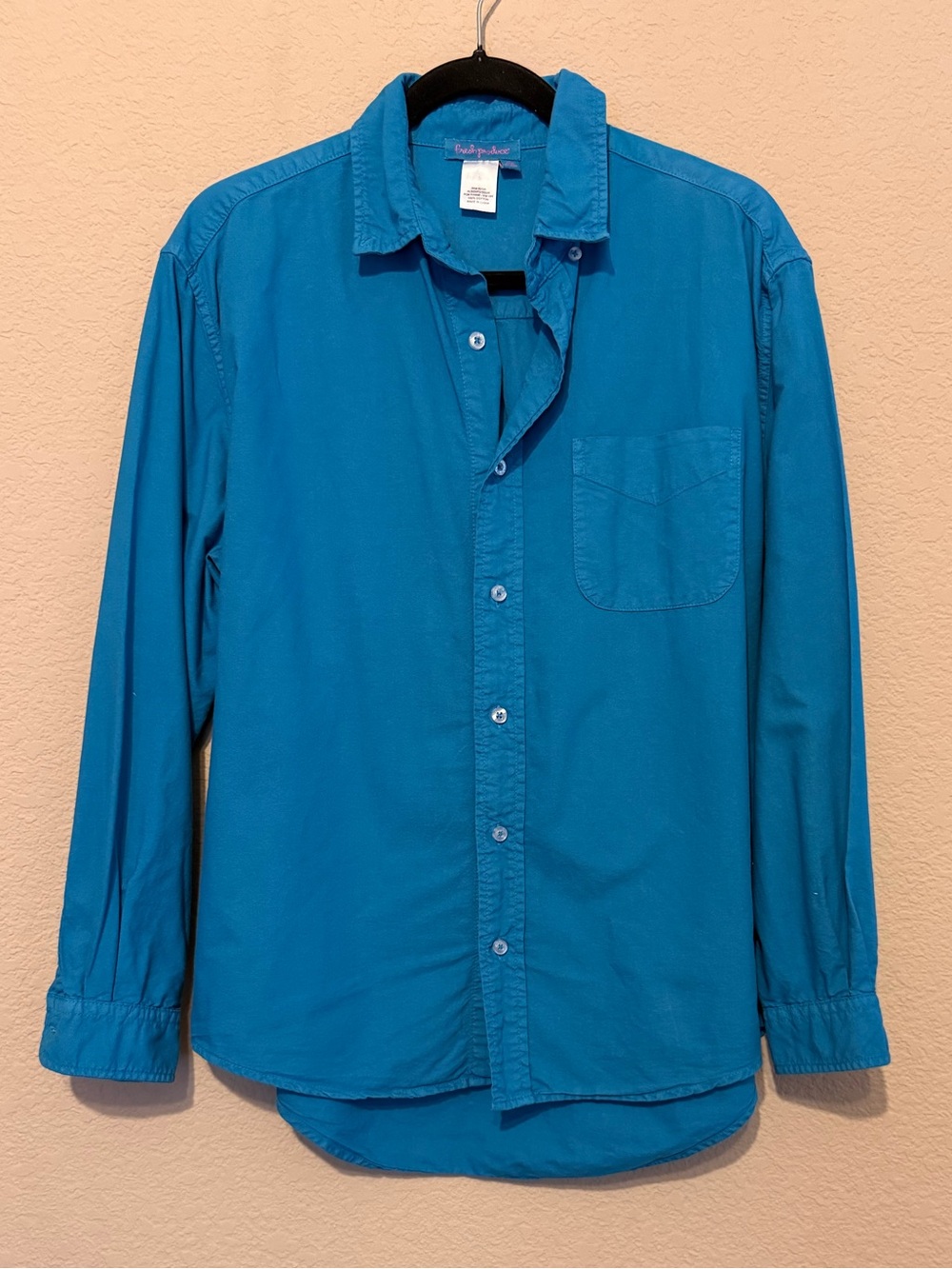 FRESH PRODUCE blue 100% Cotton Oxford Button Down Shirt Sz S relaxed 3/4 sleeve